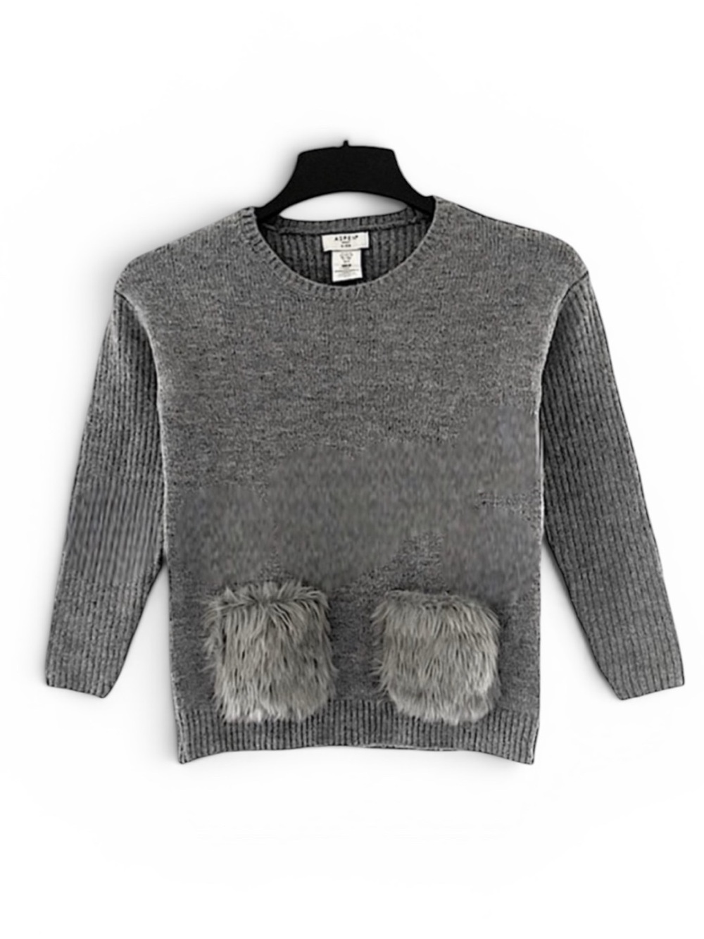 Aspen Girls Faux Fur Pocket Front Sweater Gray